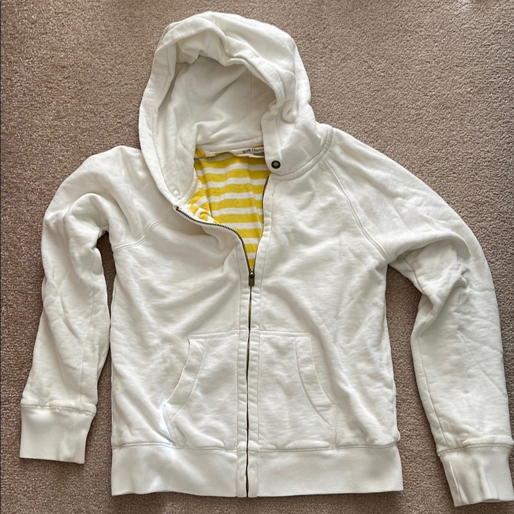 J Crew Vintage white Hoodie with Yellow Striped Lining